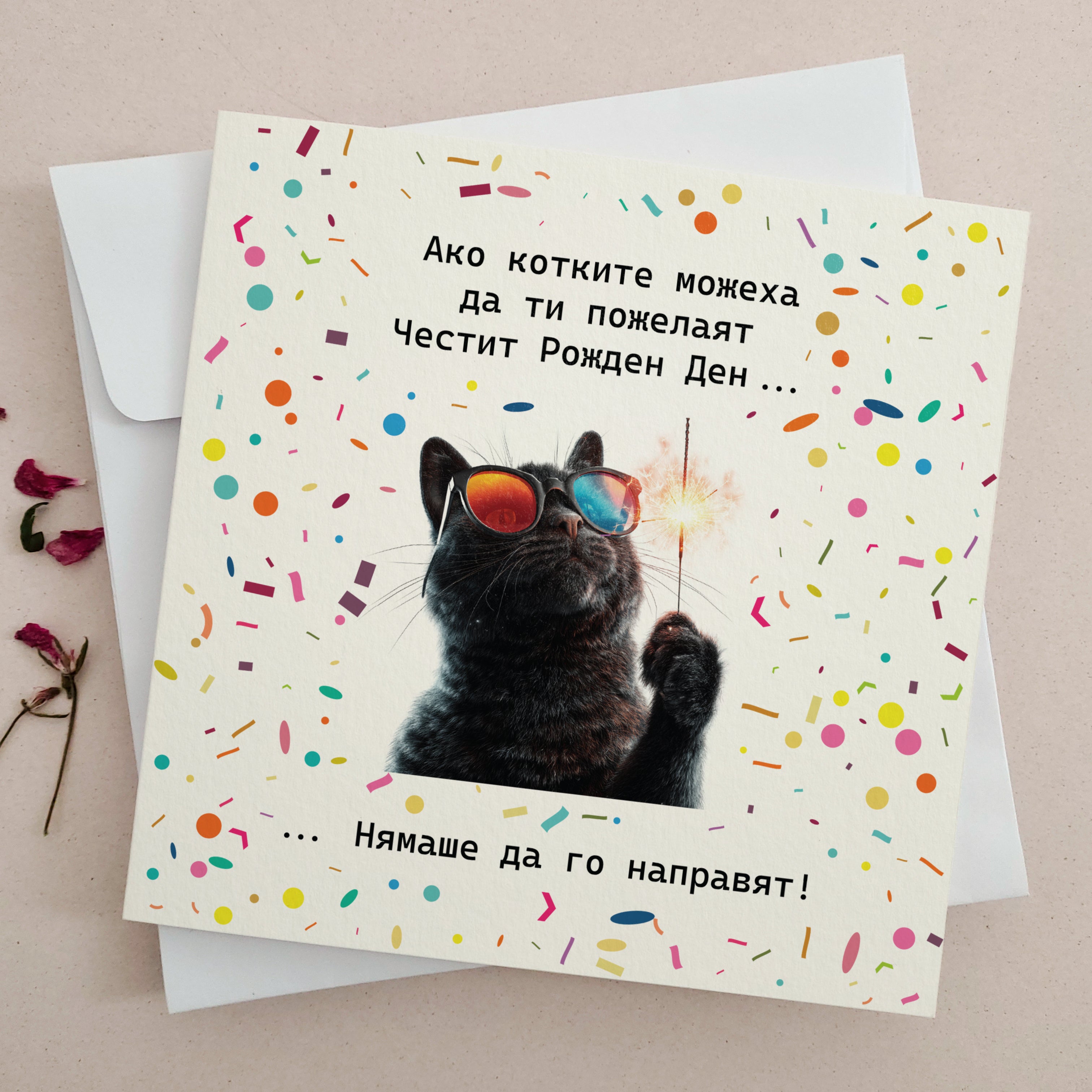 Забавна хумористична картичка за рожден ден с черна котка със слънчеви очила и парти конфети "Ако котките можеха да ти пожелаят Честит рожден Ден.. нямаше да го направят!"