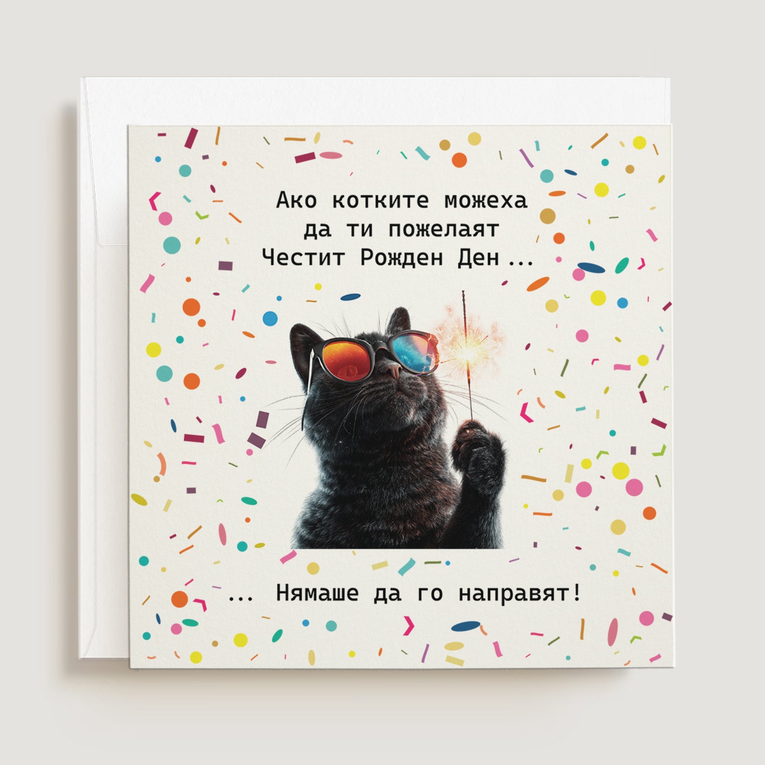 Забавна хумористична картичка за рожден ден с черна котка със слънчеви очила и парти конфети "Ако котките можеха да ти пожелаят Честит рожден Ден.. нямаше да го направят!"