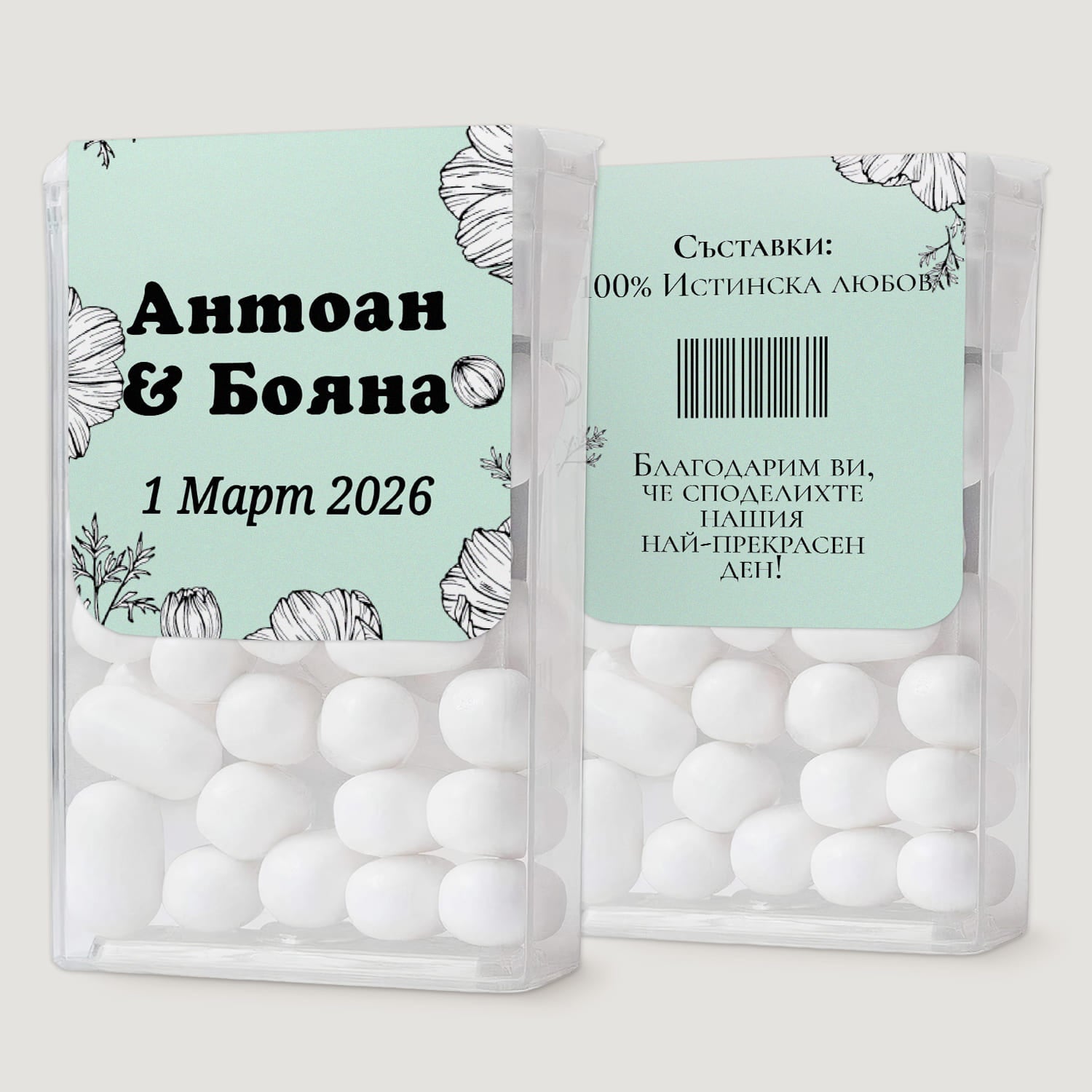 Персонализиран ментов етикет за Тик Так с бели цветя, розова лента и Благодарим ви, че споделихте нашия най-прекрасен ден